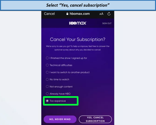 select-yes-cancel-subscription-hbo-max-android
